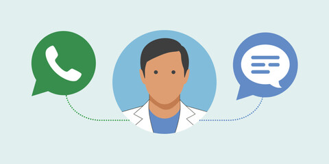 Illustration of a doctor connected to a phone call and a text message bubble on a light background