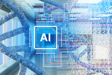 Artificial intelligence integrated with DNA analysis and genome sequencing, symbolizing biotechnology, bioinformatics, genetics, healthcare technology, AI research.