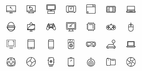 Fototapeta premium Line Art Icons Showcasing Modern Technology and Entertainment Devices for Gaming, Streaming, and Communication, Perfect for App Designs and Tech Startups