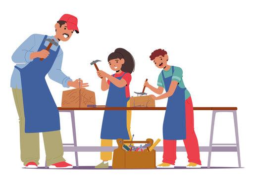 Teacher carpenter teaching children students hammering nails during woodwork master class lesson