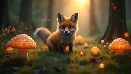 Adorable fox sits among glowing orange mushrooms in a forest