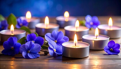 Candles and Flowers on Wooden Surface