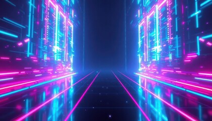 Abstract neon digital tunnel with glowing pink and blue lines, representing data flow and virtual reality. Ideal for technology, gaming, and futuristic concepts.