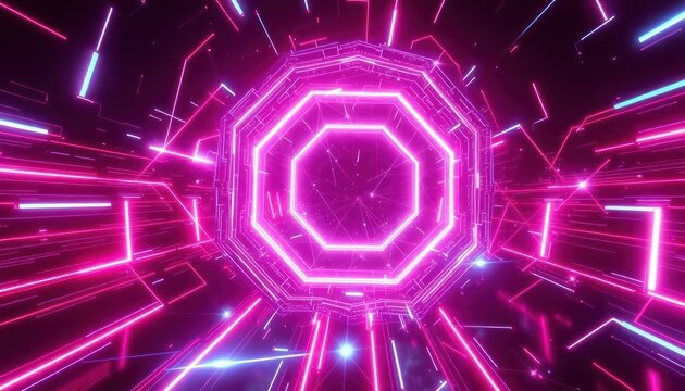 Abstract neon tunnel with glowing pink and blue lines and a geometric octagonal portal. Represents technology, speed, and digital transformation for futuristic concepts.