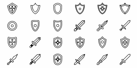 Dynamic collection of medieval shields and swords, perfect for game design, fantasy projects, and historical themes, offering robust protection and combat readiness visuals