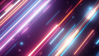 Obraz premium Vibrant neon glow lines streak diagonally across a dark background, creating a dynamic, futuristic abstract design. Ideal for technology, gaming, or modern event backdrops.