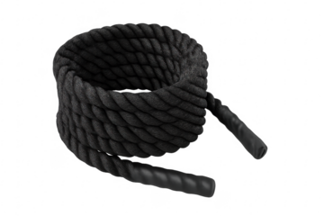 Black battle rope coiled on transparent background for fitness training