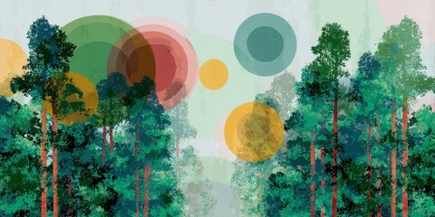Abstract Forest Scene with Colorful Circles and Trees