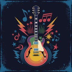 2d vector illustration art  Retro music guitar with symbol and rock music with colorful  background, Summer t shirt 
