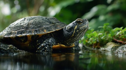 Fototapeta premium Medium shot of a turtle crawling slowly over rocks detailed shell and head in focus with softfocused water and plants portraying calm amphibious movement in nature.