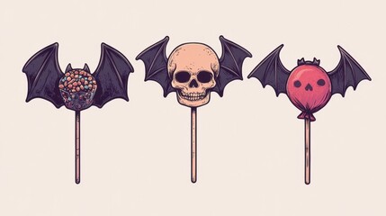 Three halloween themed lollipops with bat wings on a light background