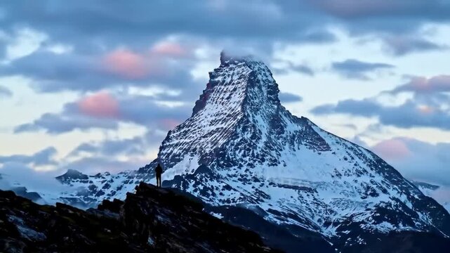 Solitary hiker stands on rocky peak against majestic snow-capped mountain at dusk