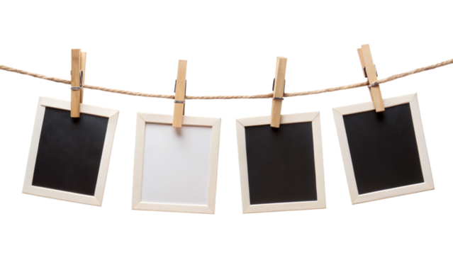 Four Blank Instant Photo Frames Hanging on Rope – Empty Picture Template PNG