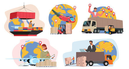 Global international logistic company providing high professional cargo delivery service scene set