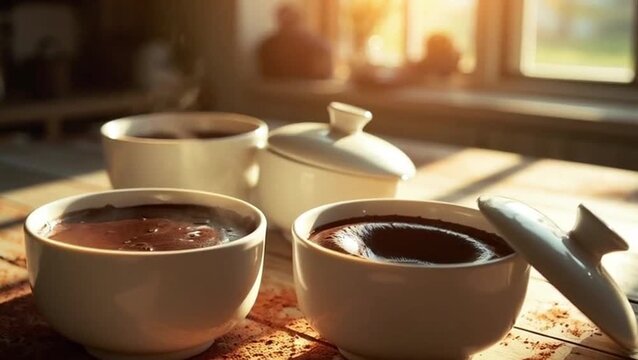 Decadent chocolate pots de creme in elegant ramekins with indulgent and luxurious mood against a dark marble background with copy space