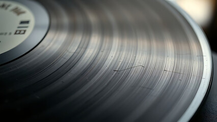 Closeup of a vinyl record showing the grooves and texture of the surface, creating a vintage aesthetic