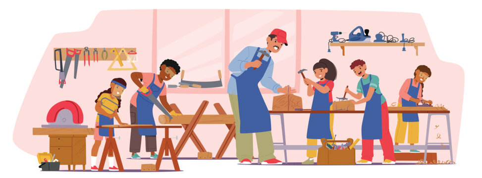 Woodwork master class for kids with teacher professional carpenter at workshop studio cartoon scene