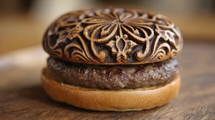 Intricate carved wooden bun tops a juicy beef patty in a gourmet burger