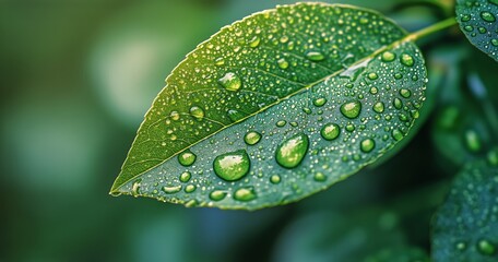 Dew Droplets Shimmer on Vibrant Green Leaves in a Tranquil Forest Setting During Early Morning Hours.