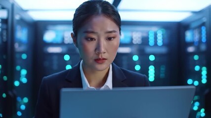 Woman works laptop, data center, server room, blue lights, IT - Powered by Adobe