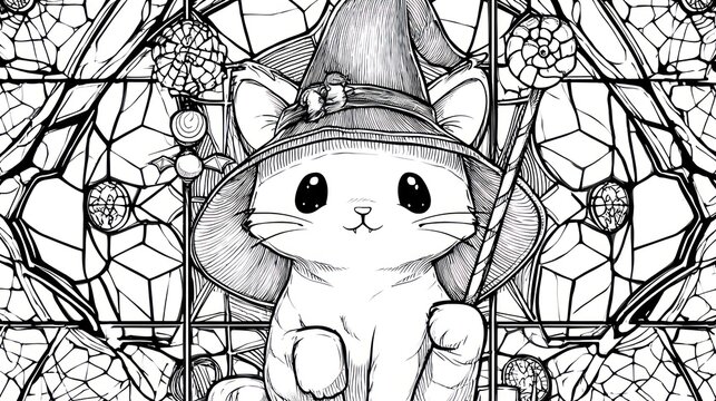 Witch kitten in a magic stained-glass, cartoon style drawing