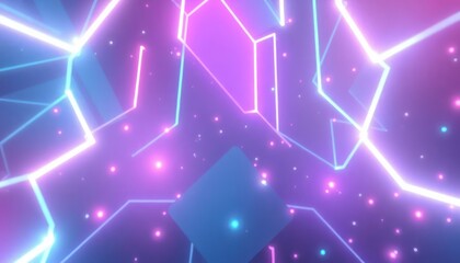 Vibrant abstract background with glowing neon geometric lines and sparkling particles. Ideal for technology, music, gaming, or futuristic themes.