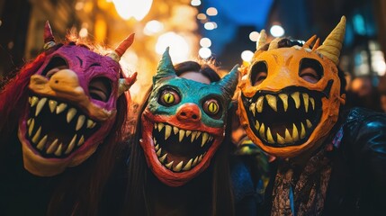 Three people wearing colorful scary masks with sharp teeth outdoors