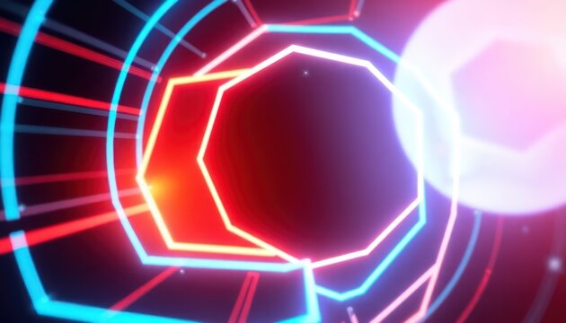 Abstract background with glowing neon geometric shapes and lines in vibrant red and blue, creating a futuristic and dynamic digital concept. Ideal for technology, gaming, or modern design.