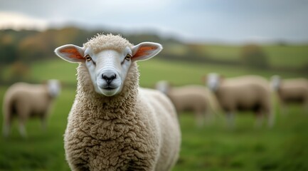 Naklejka premium Sheep Grazing in a Lush Green Field During a Cloudy Afternoon