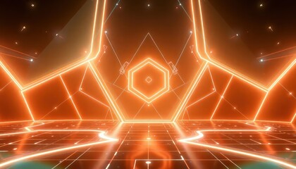 Futuristic digital neon tunnel with glowing orange geometric shapes creating an immersive cyber abstract background. Ideal for technology, gaming, and modern design.