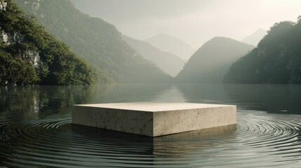 Elegant photo of stone display pedestal on a still lake with ripples, surrounded by foggy mountains and lush greenery. The scene is perfect for showcasing products in a.