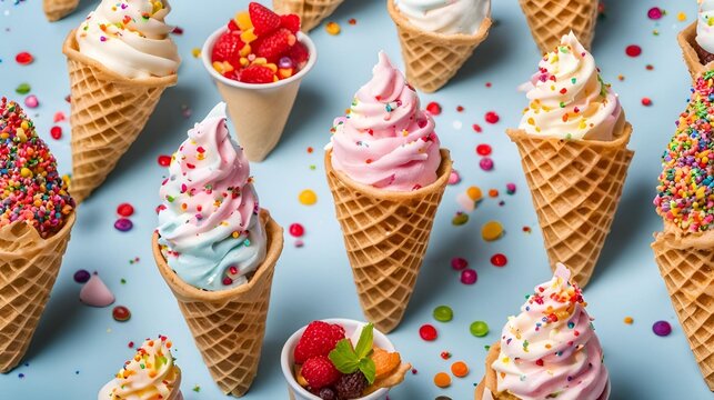 Soft serve, also known as soft ice, is a frozen dessert and a variety of ice cream, available in many different flavors and colors, and often topped with sprinkles.