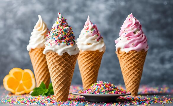 A delicious vanilla and strawberry swirl soft serve ice cream cone, generously topped with colorful sprinkles for a festive treat. - Powered by Adobe