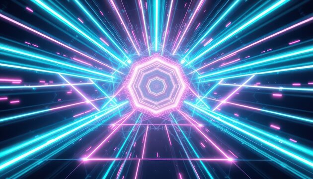 Vibrant abstract tunnel of glowing neon lines and geometric shapes in blue and pink, creating a futuristic, high-tech backdrop for digital concepts, data, or virtual reality.