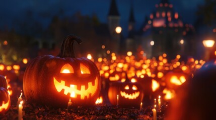 Fototapeta premium Illuminated jack o lanterns glowing at night in a halloween display