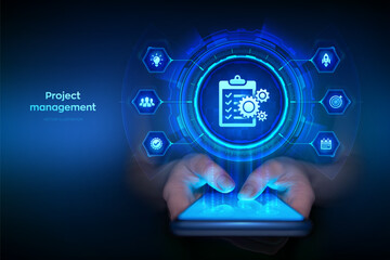 project, management, icon, vector, plan, agile, manage, task, gear, hand, interface, virtual, screen, technology, app, application, hologram, use, smartphone, checklist, digital, productivity, manager