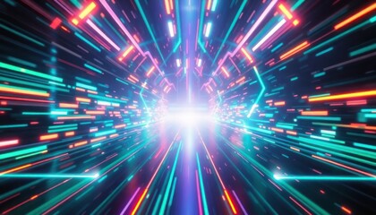 Dynamic abstract tunnel with neon lights, symbolizing fast data transfer, futuristic technology, and digital connectivity. Ideal for tech, internet, or innovation concepts.