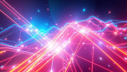 Dynamic abstract digital landscape with glowing neon lines and dots representing data flow, connectivity, and technology. Ideal for business, science, or futuristic concepts.