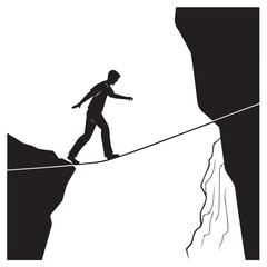 A man walking on a rope between cliffs isolated on white background