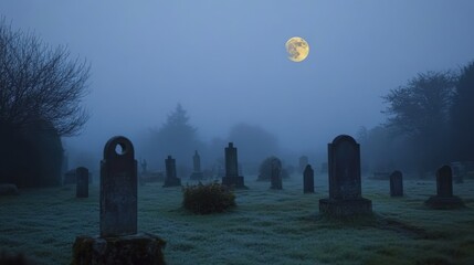 A foggy graveyard with tombstones and a full moon in the night sky
