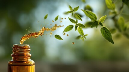 Elegant photo of alternative herbal medicine concept depicting herbal essence being dropped, symbolizing the extraction or use of natural plant extracts for medicinal purposes.