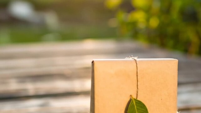 Brown Gift Box Decorated with Green Leaf on Wooden Surface in Soft Sunlight with Blurred Green Background for Sustainable Celebration