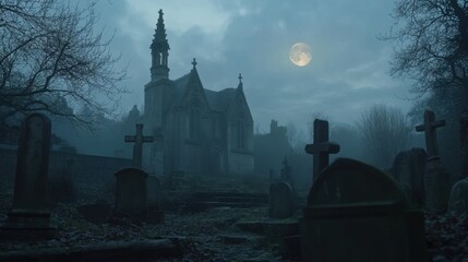 Full moon over foggy graveyard with church and many grave stones