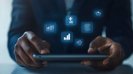 man using a futuristic tablet with glowing business data icons, for technology, finance, and business communication concepts