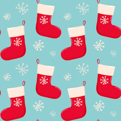 Seamless pattern of a Christmas gift sock. A red sock with a white snowflake on a blue background.