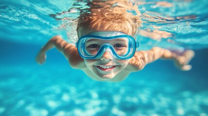 Child wearing goggles enjoys swimming underwater in a clear pool on a bright day
