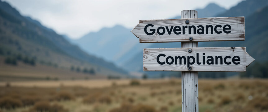 wooden signpost with governance and compliance text, corporate ethics and management concept