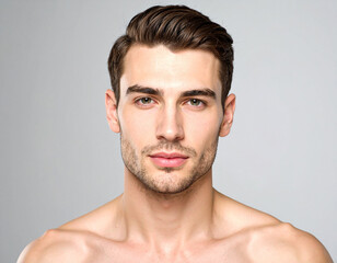 Obraz premium Retrato close up en primer plano de la cara y hombros desnudos de un hombre joven, atractivo y guapo, modelo masculino con barba corta y pelo corto, mirada directa, confiada y expresiva,
