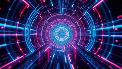 Abstract futuristic tunnel with glowing neon blue and pink lines, representing high-speed data flow and digital connectivity. Ideal for technology, cyber security, or innovation concepts.