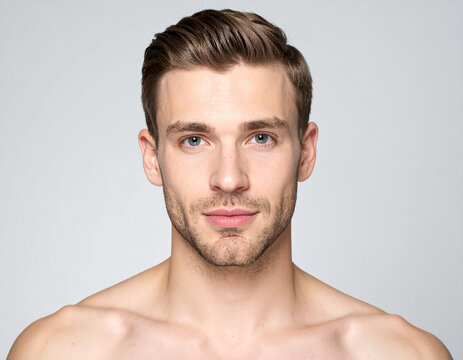 Retrato close up en primer plano de la cara y hombros desnudos de un hombre joven, atractivo y guapo, modelo masculino con barba corta y pelo corto, mirada directa, confiada y expresiva,